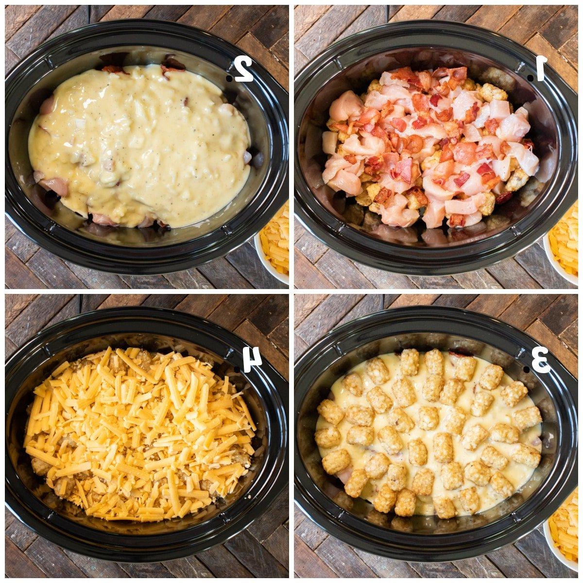 Sformato di Pollo e Crocchette di Patate a Cottura Lenta 5 Collage di 4 immagini su come assemblare la casseruola di tater tots
