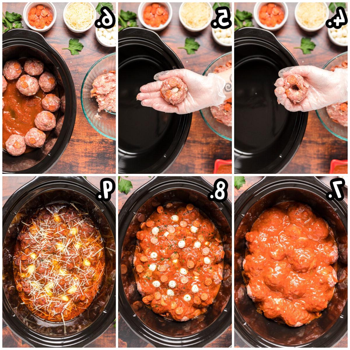 Polpette di Pizza a Cottura Lenta 5 Sei immagini dettagliate che mostrano come formare le polpette, riempirle con mozzarella, e disporle nella slow cooker con la salsa marinara.