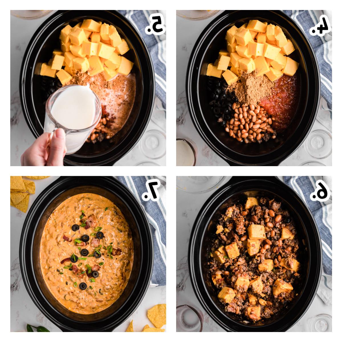 **Dip di Nachos Ricco Cotto Lentamente** 5 four images showing how to make slow cooker loaded nacho dip.