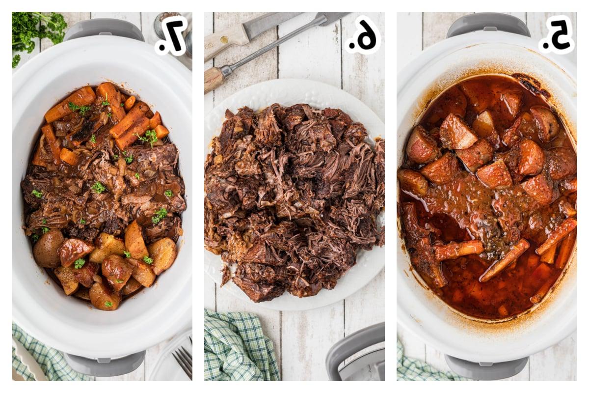**Stracotto all'Italiana** 5 tre immagini che mostrano come fare il manzo brasato all'italiana in slow cooker.