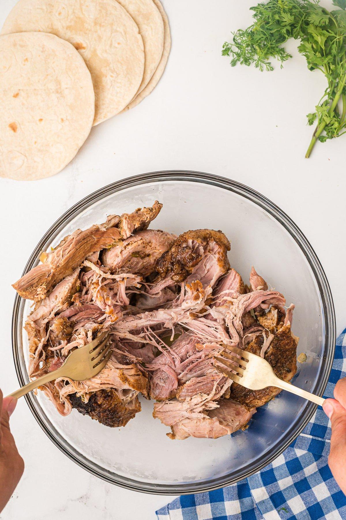 Carnitas nella Pentola a Cottura Lenta 5 Carnitas being shred in a bowl.