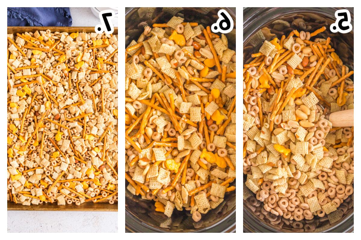 Mix Chex al Ranch per Cottura Lenta 5 Tre immagini che mostrano come preparare il Chex Mix al Ranch nella slow cooker.