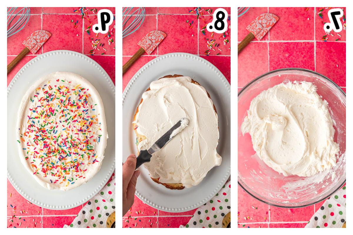 Tre immagini che mostrano come preparare la torta di compleanno nella slow cooker.