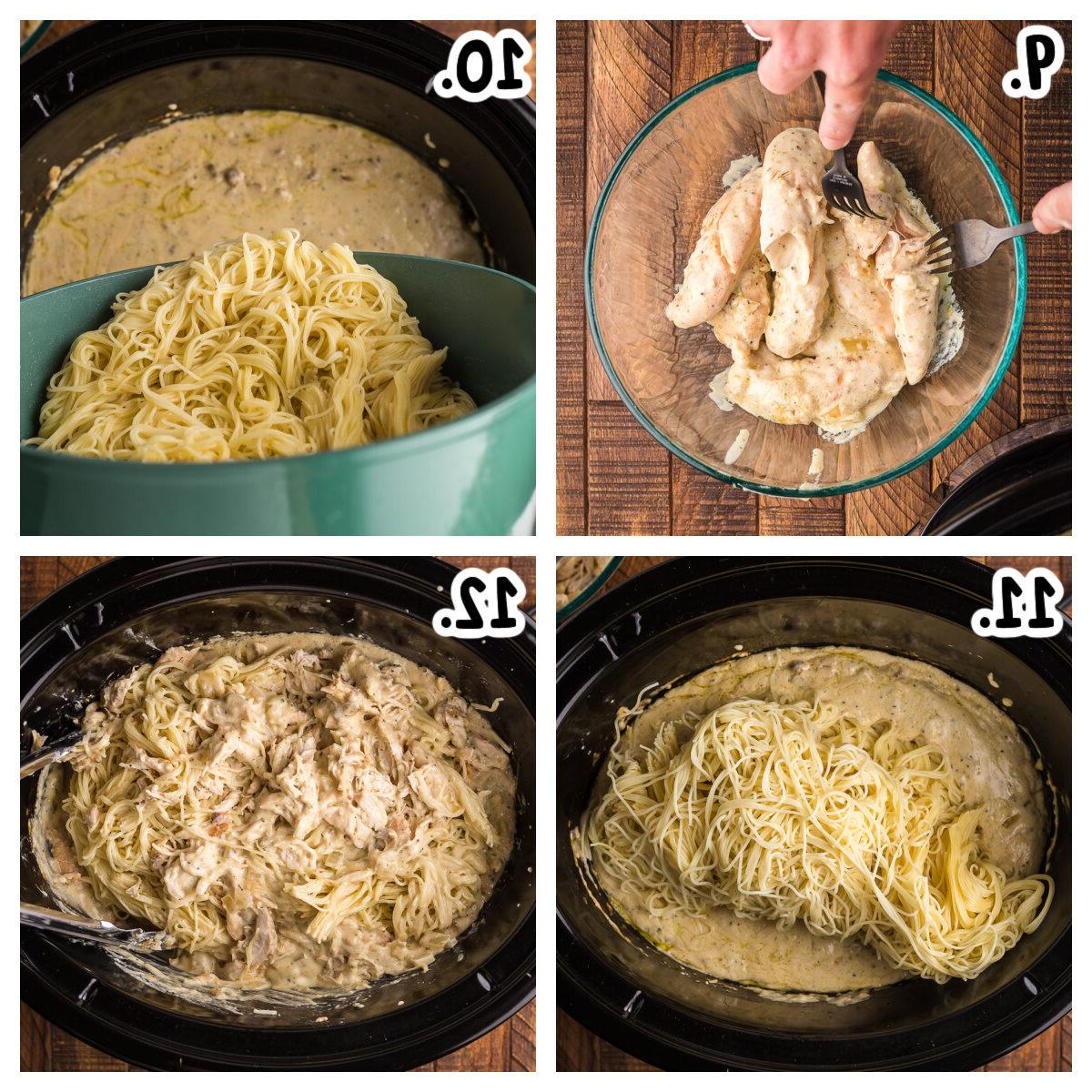 Pollo Angelo a Cottura Lenta 6 4 immagini su come sfilacciare il pollo e aggiungere la pasta alla pentola a cottura lenta.
