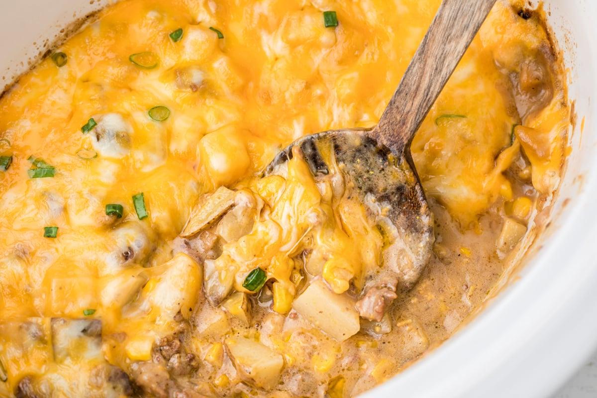 **Stufato di Hamburger in Cottura Lenta** 6 hash di hamburger cotto in una slow cooker bianca.