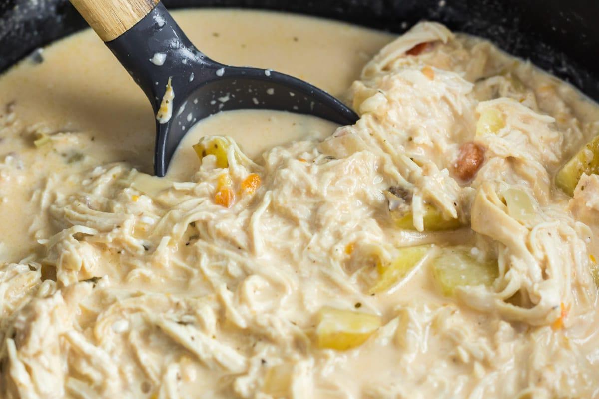 Zuppa di Pollo alla Buffalo a Cottura Lenta 6 primo piano della zuppa di pollo buffalo con un cucchiaio dentro