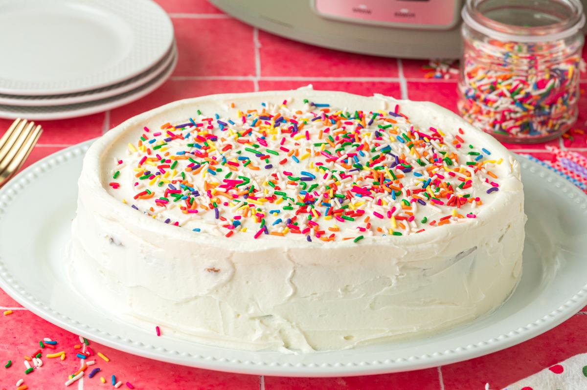 Torta di compleanno cotta nella slow cooker su un piatto bianco.