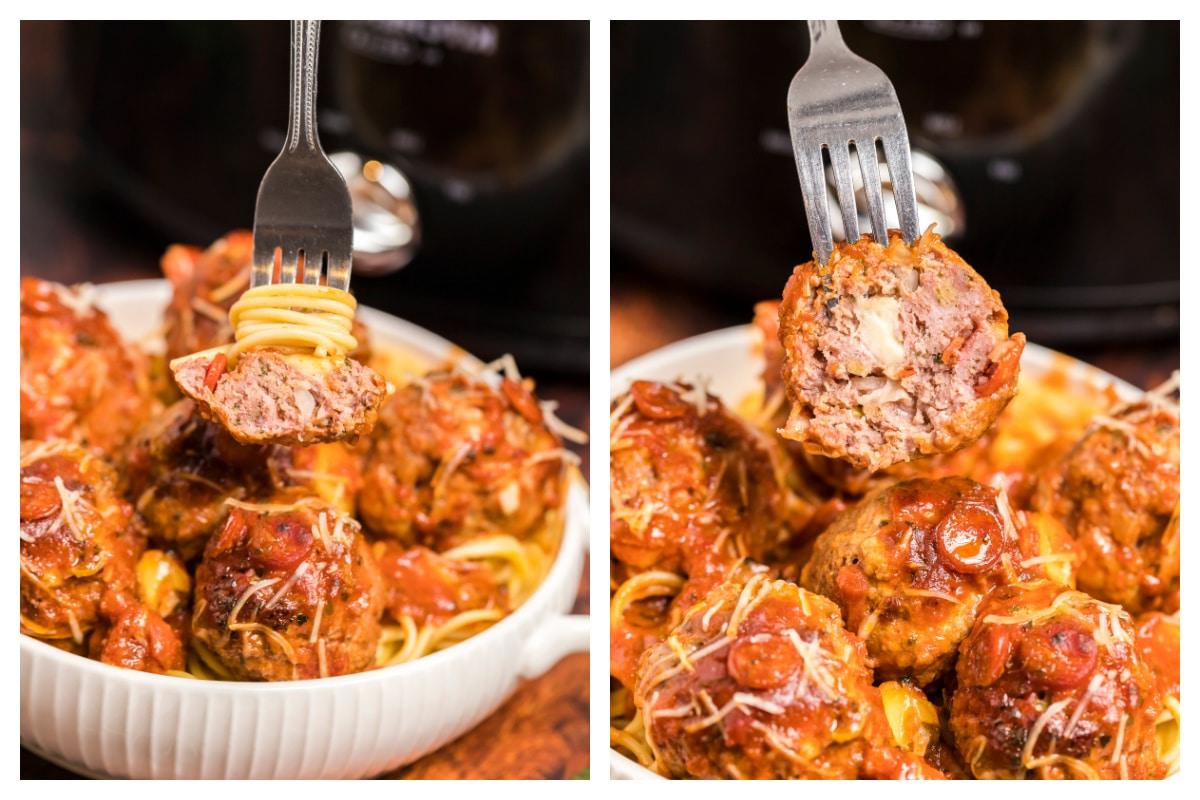 Polpette di Pizza a Cottura Lenta 7 Due primi piani ravvicinati di una polpetta cotta su una forchetta, evidenziandone la succosità e il cuore di mozzarella filante.