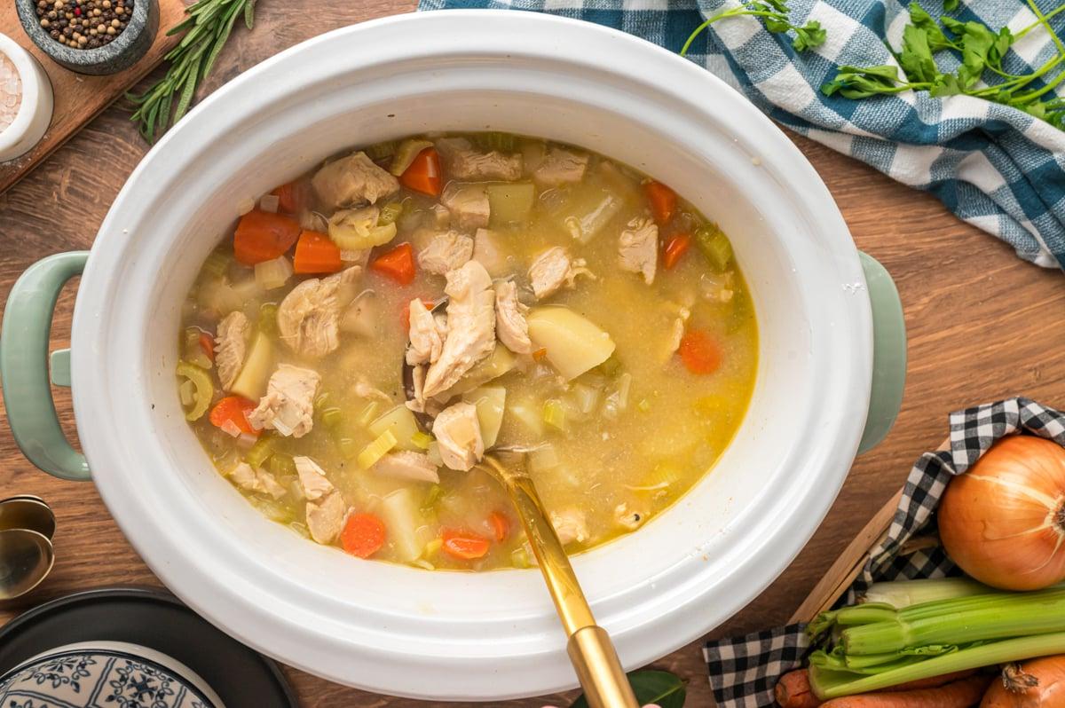 Stufato di Pollo a Cottura Lenta 7 Spezzatino di pollo in slow cooker visto dall'alto.