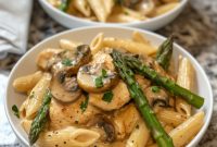 Hearty Creamy Chicken Pasta with Asparagus & Mushrooms