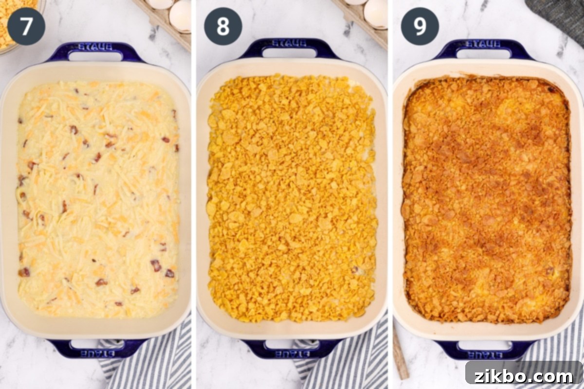 Ultimate Breakfast Hash Brown Bake 5 A baking dish filled with an egg mixture, then topped with crispy cornflakes.