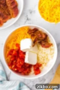 A large bowl filled with cheese, bacon, cream cheese, and rotel tomatoes.