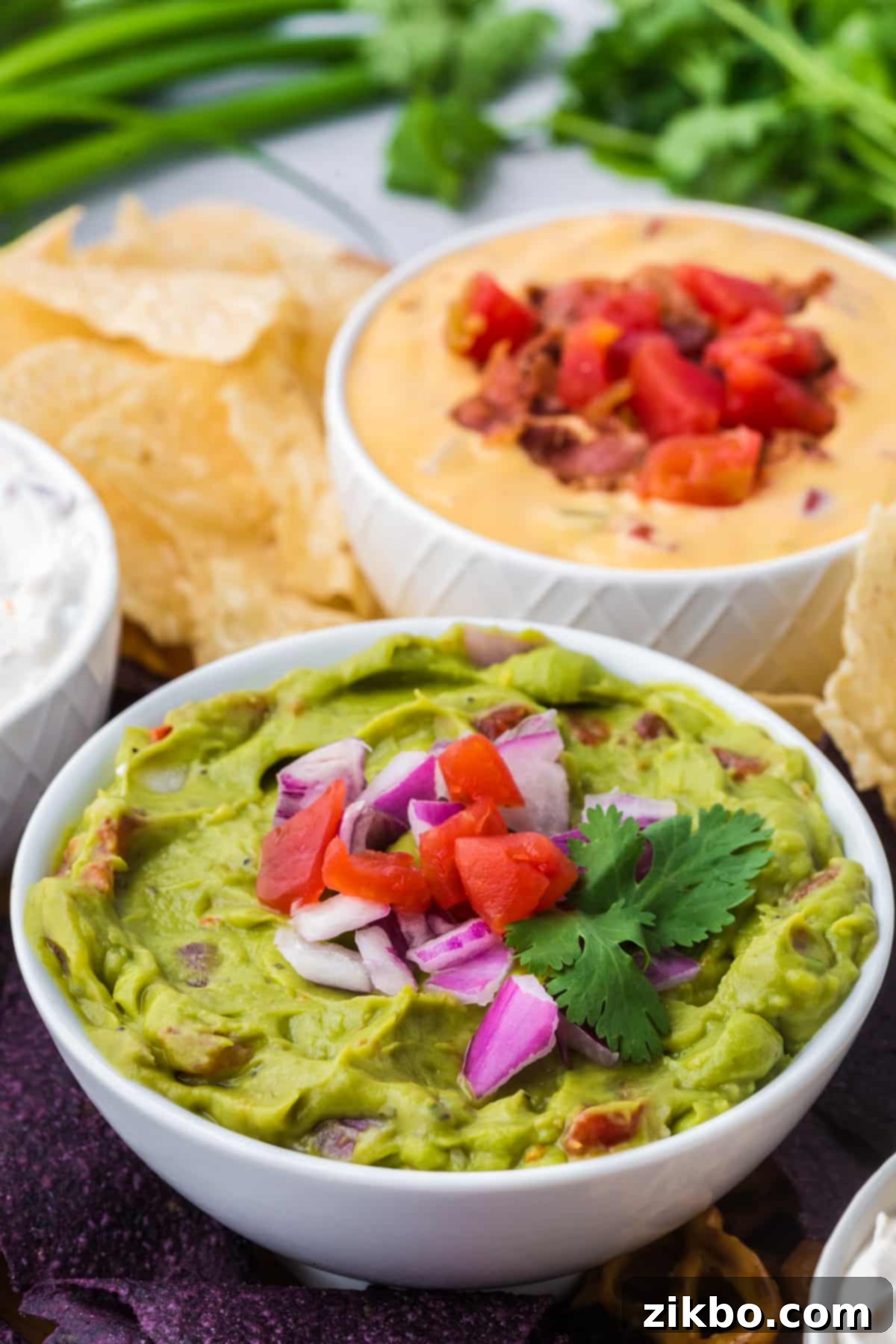 Robust Chunky Guacamole 6 A beautifully presented bowl of chunky guacamole, garnished with vibrant red onion, fresh tomato, and cilantro sprigs.