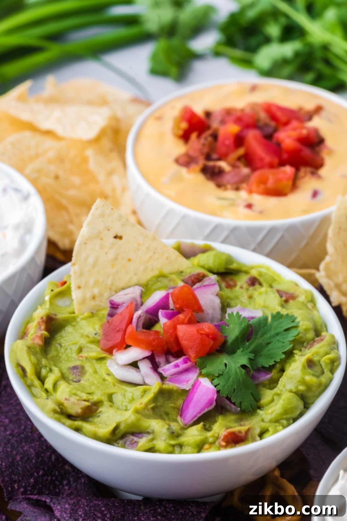 Robust Chunky Guacamole 7 A bowl of creamy avocado dip with a tortilla chip being dunked into it, highlighting the perfect texture.