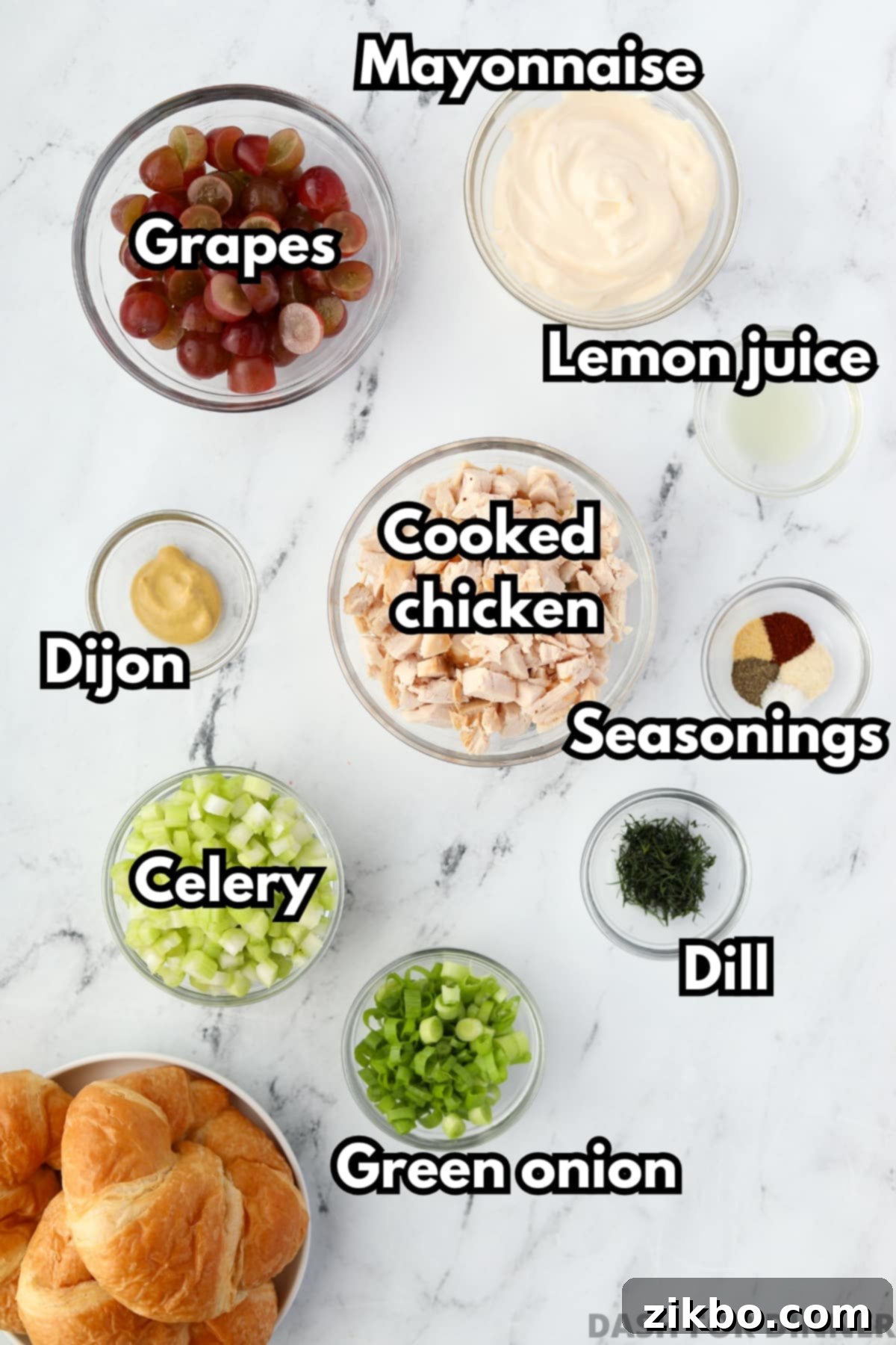 Refreshing Chicken and Grape Salad 3 The ingredients needed to make chicken salad, including cooked chicken, celery, green onion, mayonnaise, etc.