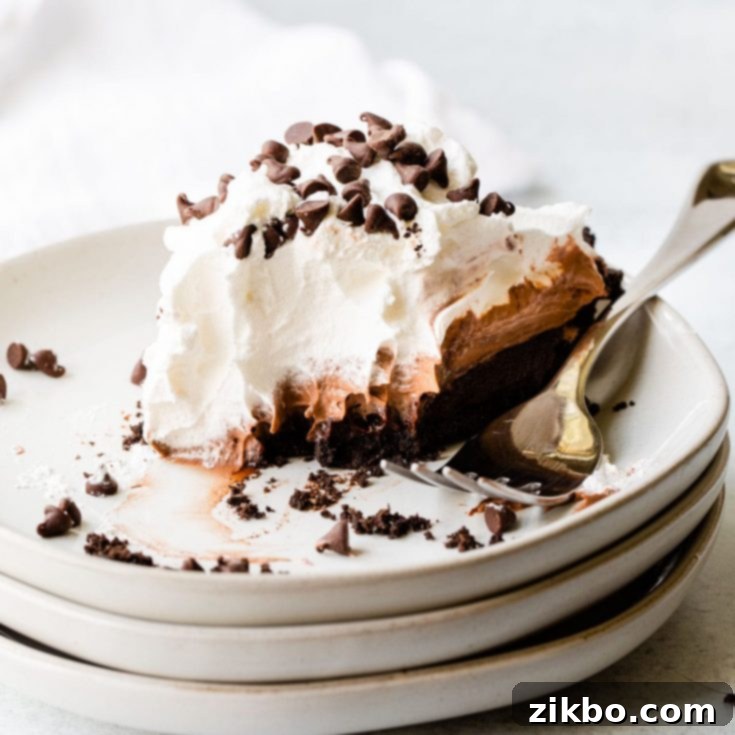 Simple no-bake chocolate pie with a cookie crust and whipped cream topping