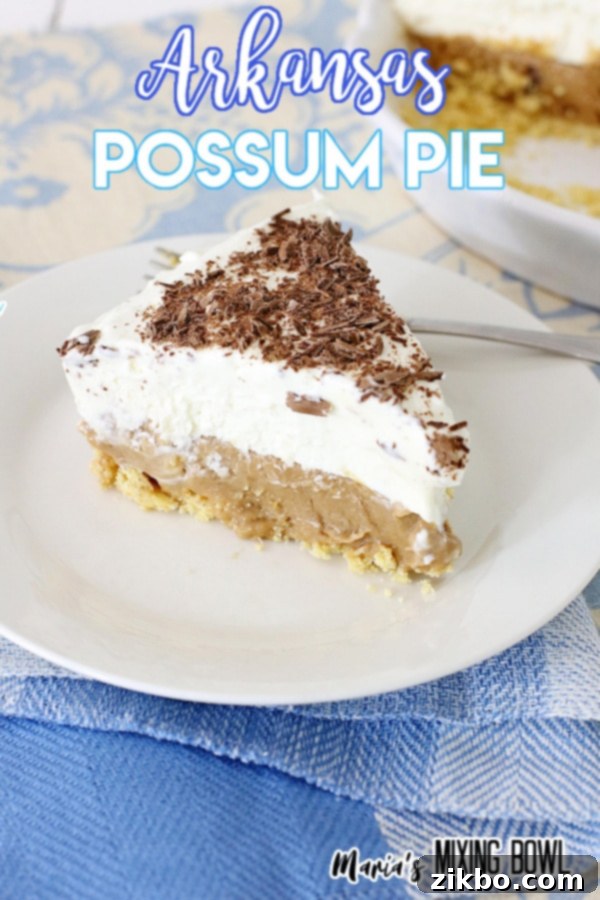 Unique no-bake Possum Pie with chocolate filling, shortbread crust, and whipped cream cheese topping