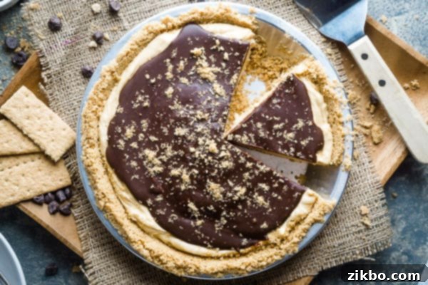 Classic no-bake peanut butter pie with a graham cracker crust and chocolate topping
