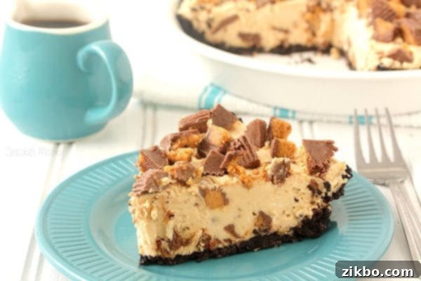 No-bake peanut butter cup pie with peanut butter filling, peanut butter cups, and an Oreo crust