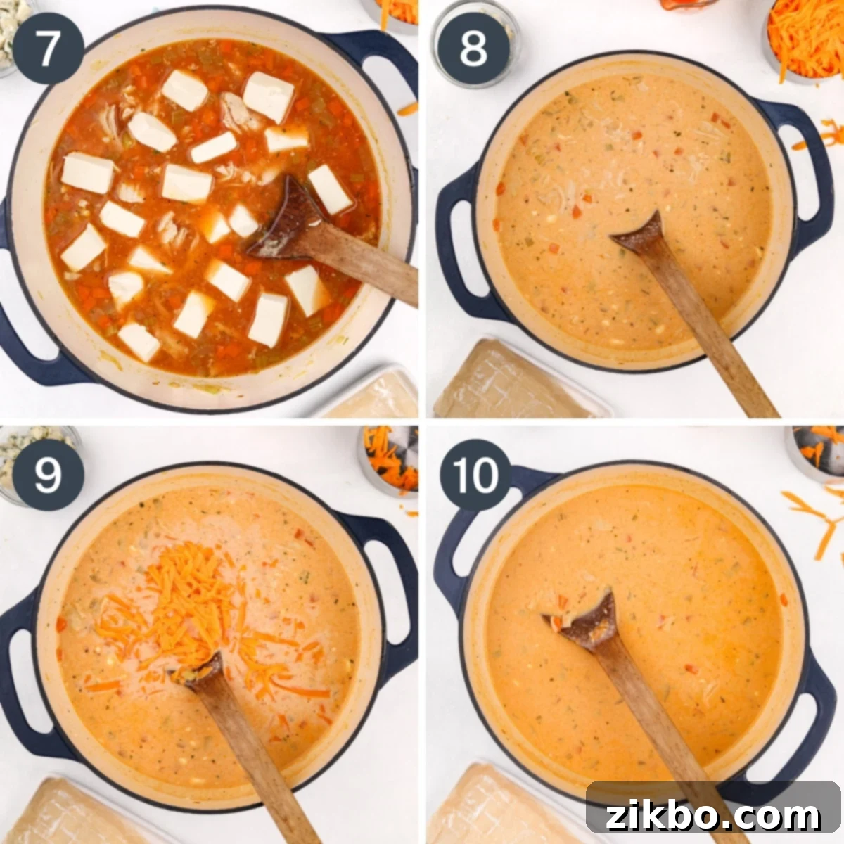 Bold Buffalo Chicken Soup 5 Stirring cubed cream cheese into a pot of soup until it's completely melted and creamy.