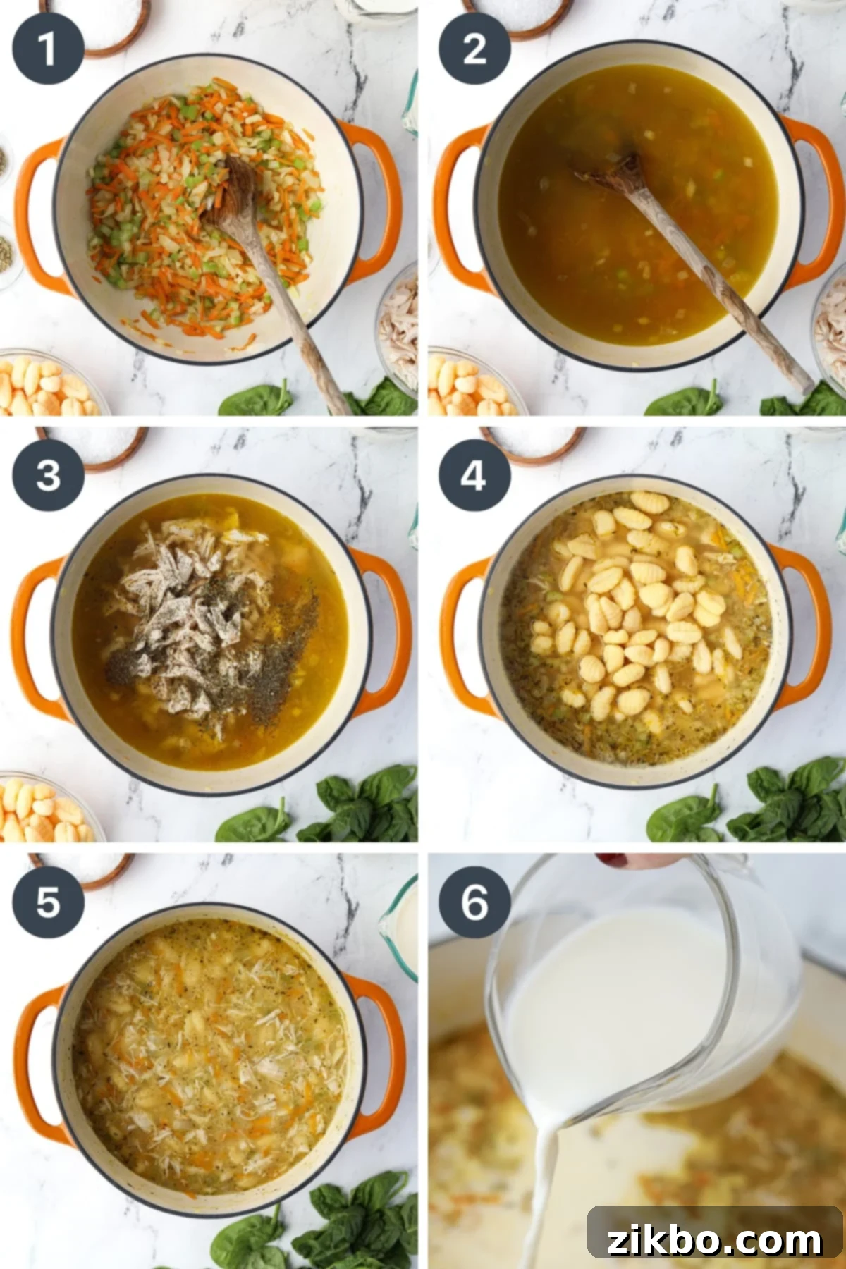 Comforting Creamy Chicken Gnocchi Soup 4 Adding chicken broth, cooked chicken, and gnocchi to a Dutch oven to simmer, creating a creamy soup base.