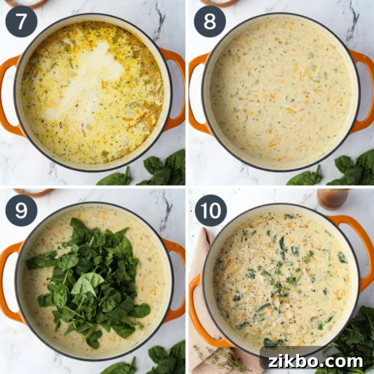 Comforting Creamy Chicken Gnocchi Soup 5 Adding fresh spinach to a creamy soup in a pot, then stirring it in until it's perfectly wilted.