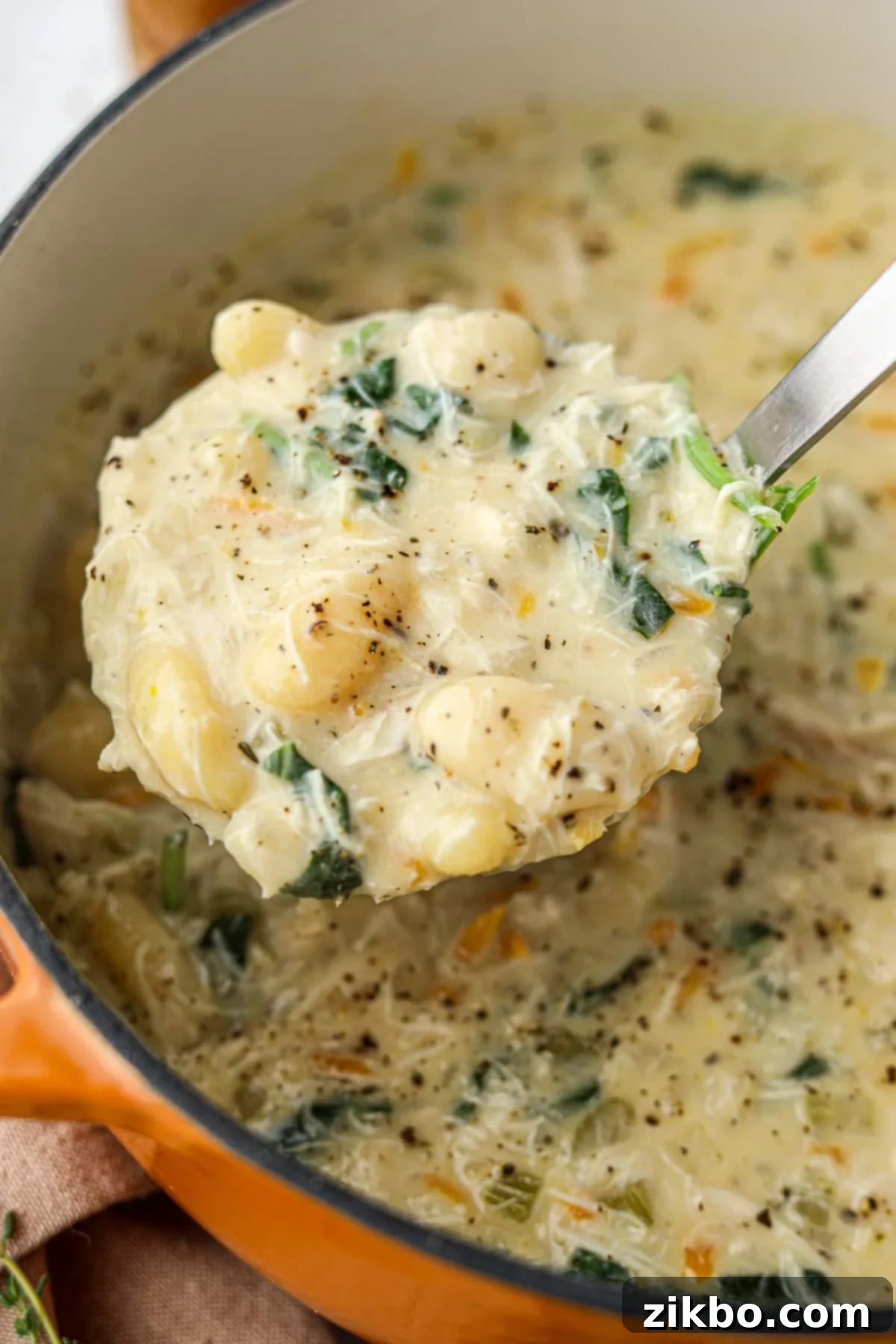 Comforting Creamy Chicken Gnocchi Soup 8 A ladle serving creamy chicken and gnocchi soup from a large Dutch oven, showing the rich texture.