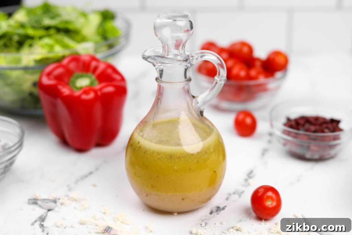 A beautiful glass container holding homemade salad dressing, with colorful red pepper, crisp lettuce, and ripe tomato forming a vibrant salad in the background.