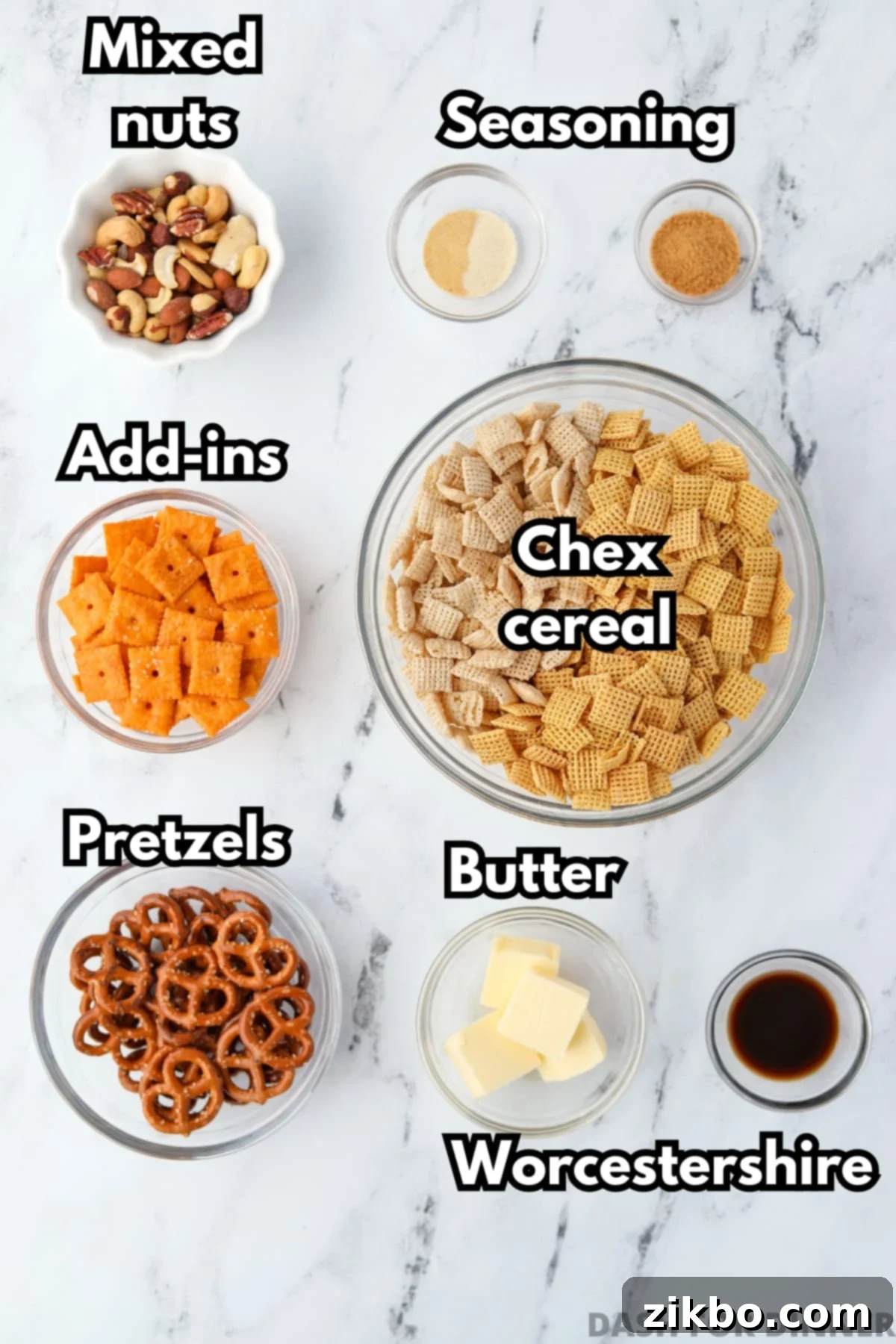 The ingredients needed to make Chex mix: cereal, nuts, pretzels, butter, etc.
