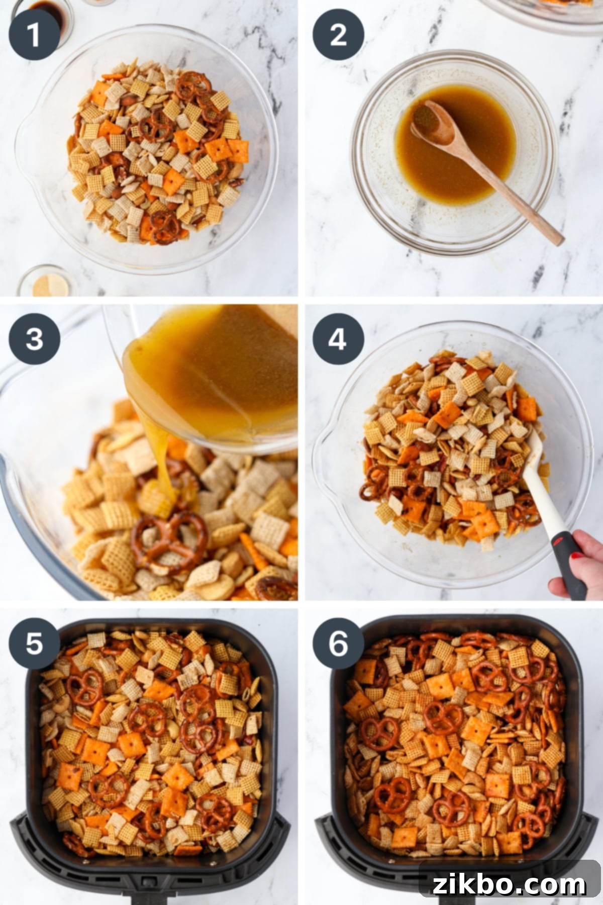 The steps needed to make air fryer chex: mixing the cereal, melting butter, and placing the mix in the air fryer basket.