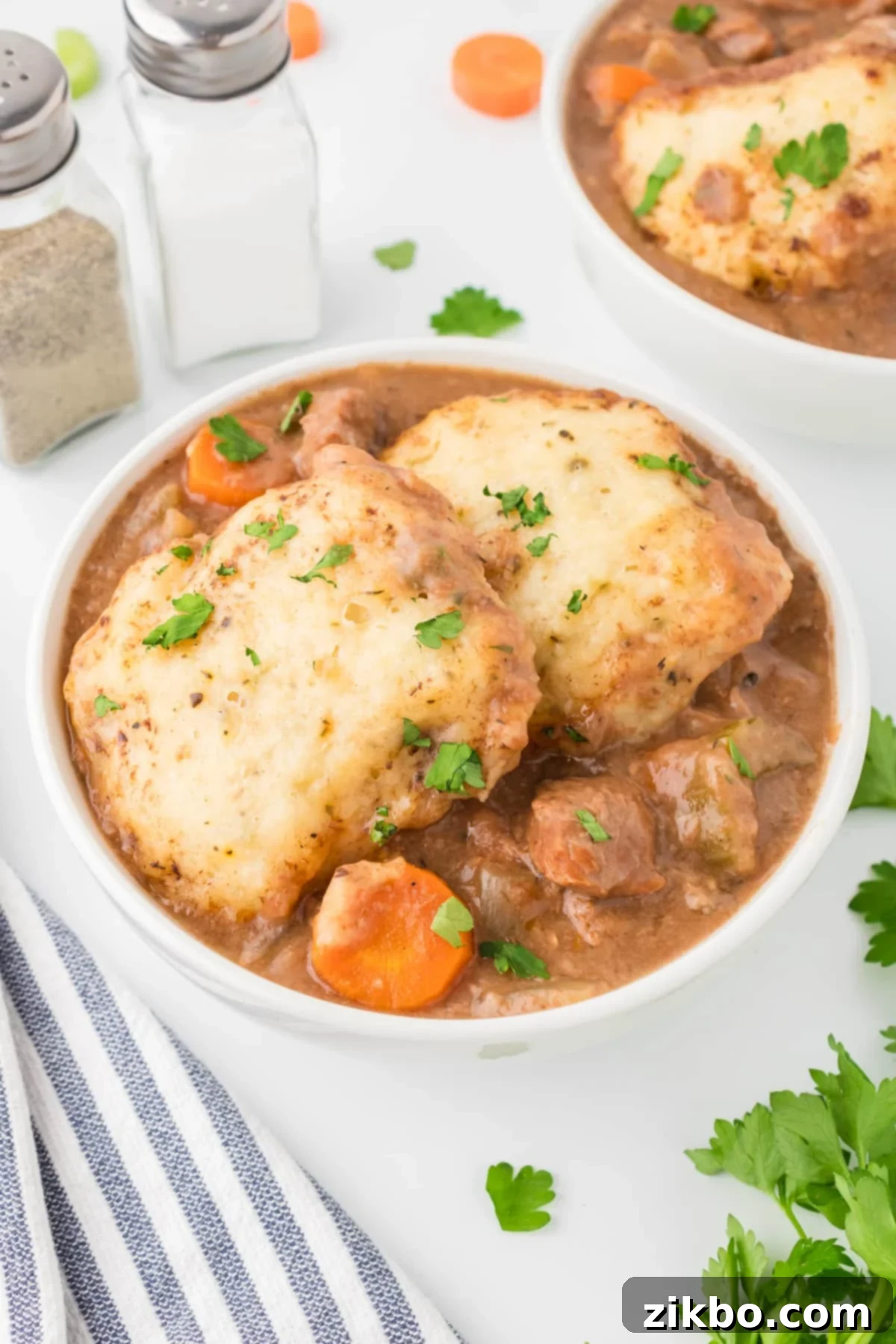 Hearty Slow Cooker Beef Stew with Tender Dumplings 15 A bowl filled with beef stew and topped with two homemade dumplings.
