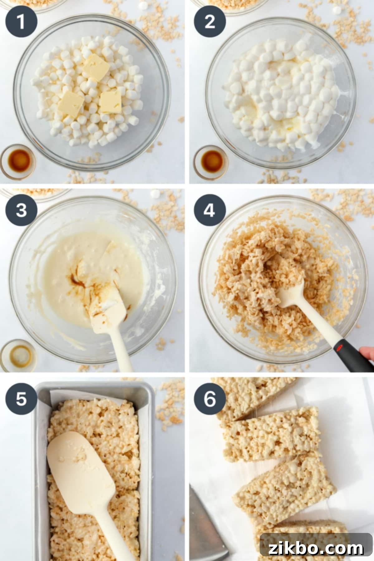 Your Little Krispie Fix 4 Melting marshmallows and butter together, then stirring in rice cereal and placing into a loaf pan to make cereal treats.