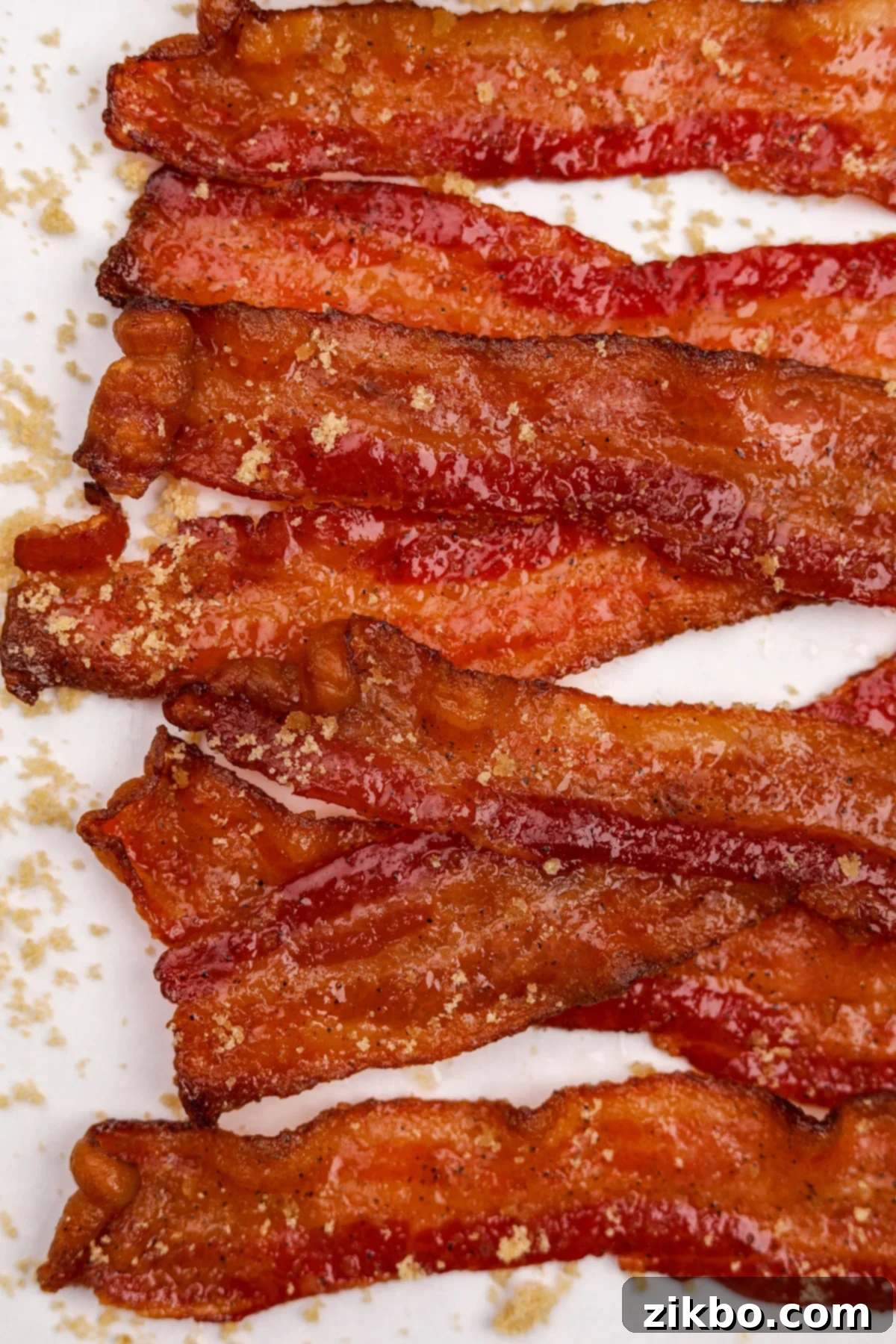 Millionaire's Bacon 2 Multiple slices of golden-brown candied bacon overlapping each other, glistening with a sweet glaze.