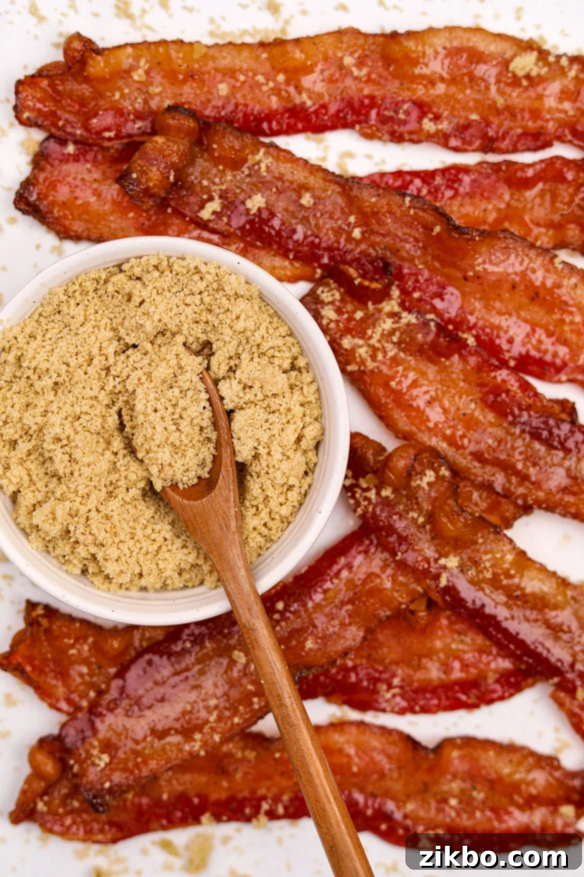 Millionaire's Bacon 12 A small bowl of brown sugar is placed artfully on a wooden surface, surrounded by several perfectly glazed, golden-brown candied bacon strips.
