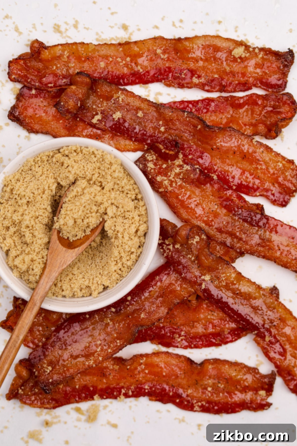 Millionaire's Bacon 10 A small rustic bowl of brown sugar sits nestled among artfully arranged, perfectly glazed candied bacon strips.