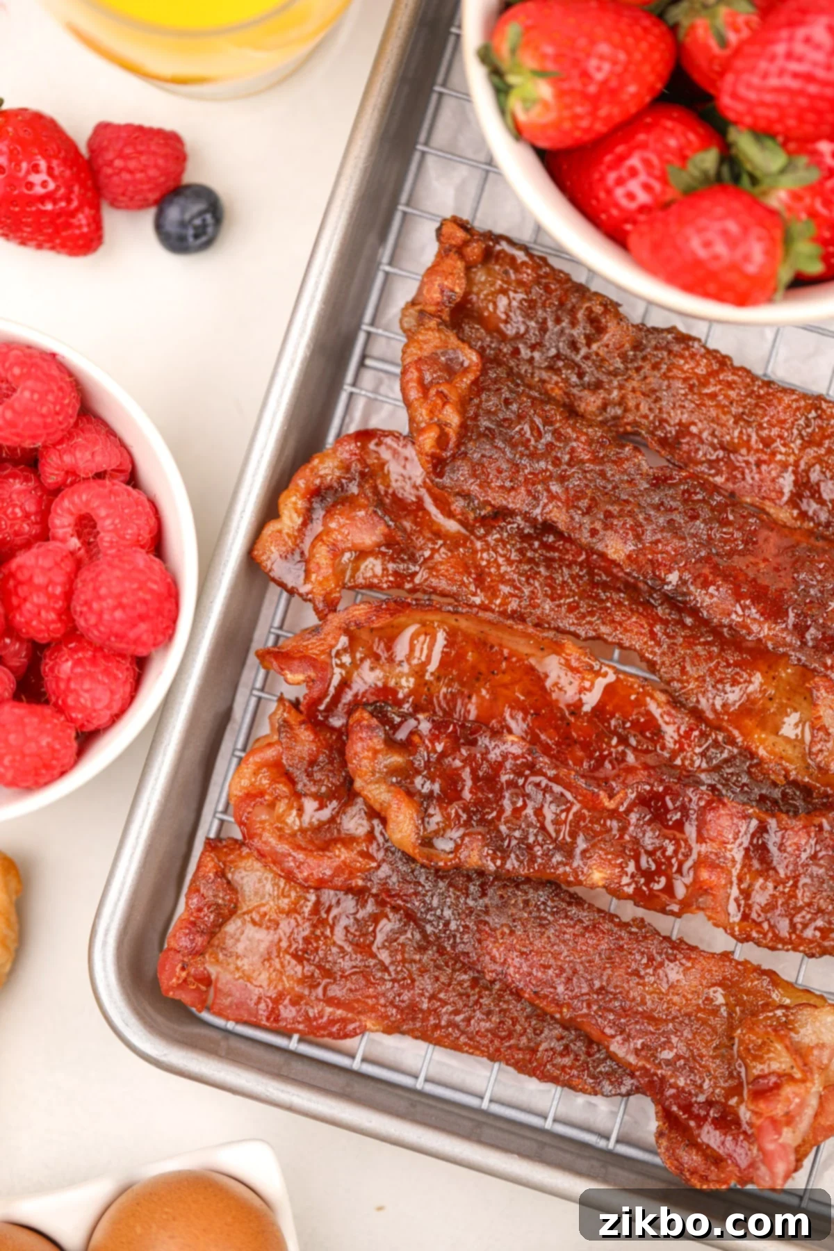 Sweet and Crispy Air Fryer Bacon Bliss 2 Several slices of candied bacon on a wire baking rack, surrounded by bowls of fresh berries,