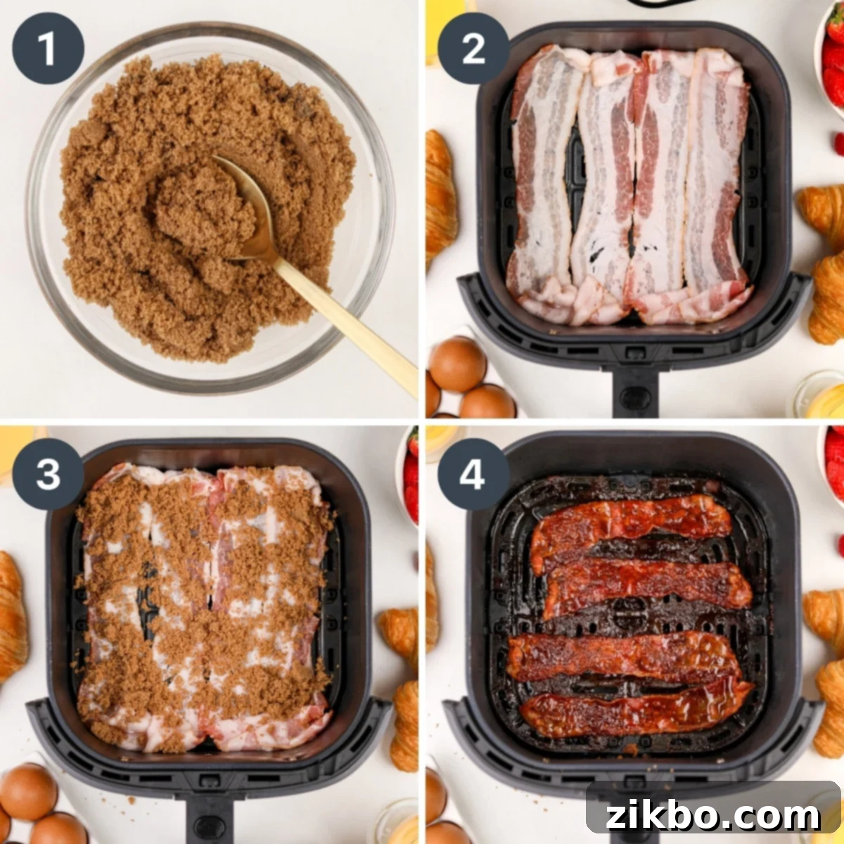 Sweet and Crispy Air Fryer Bacon Bliss 4 Spreading brown sugar on top of bacon and baking it in the air fryer.