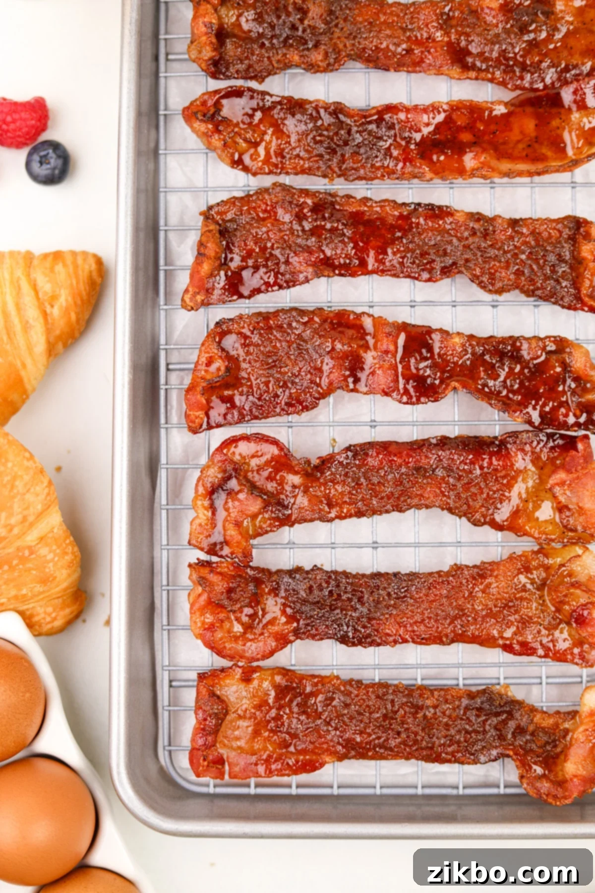 Sweet and Crispy Air Fryer Bacon Bliss 7 Lined up slices of glazed bacon on a wire baking rack.