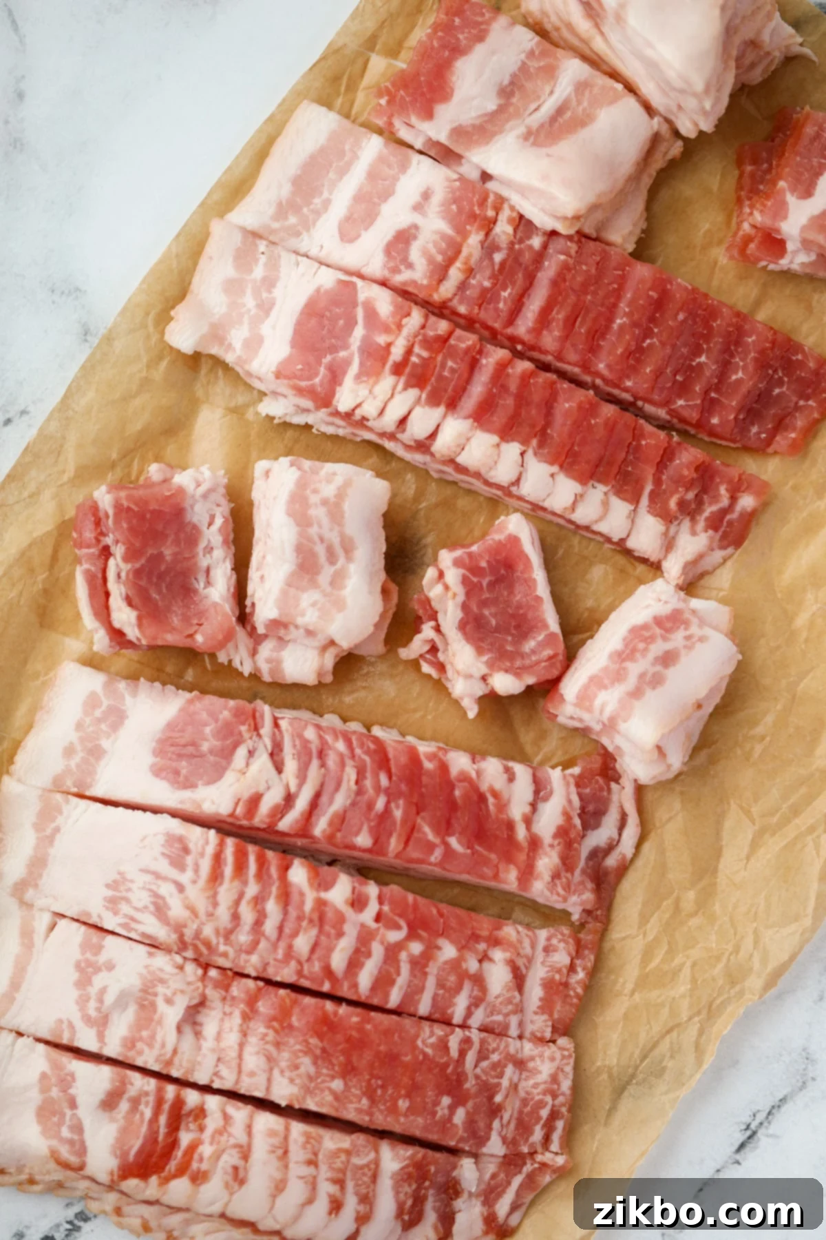 Slicing bacon into cubes.