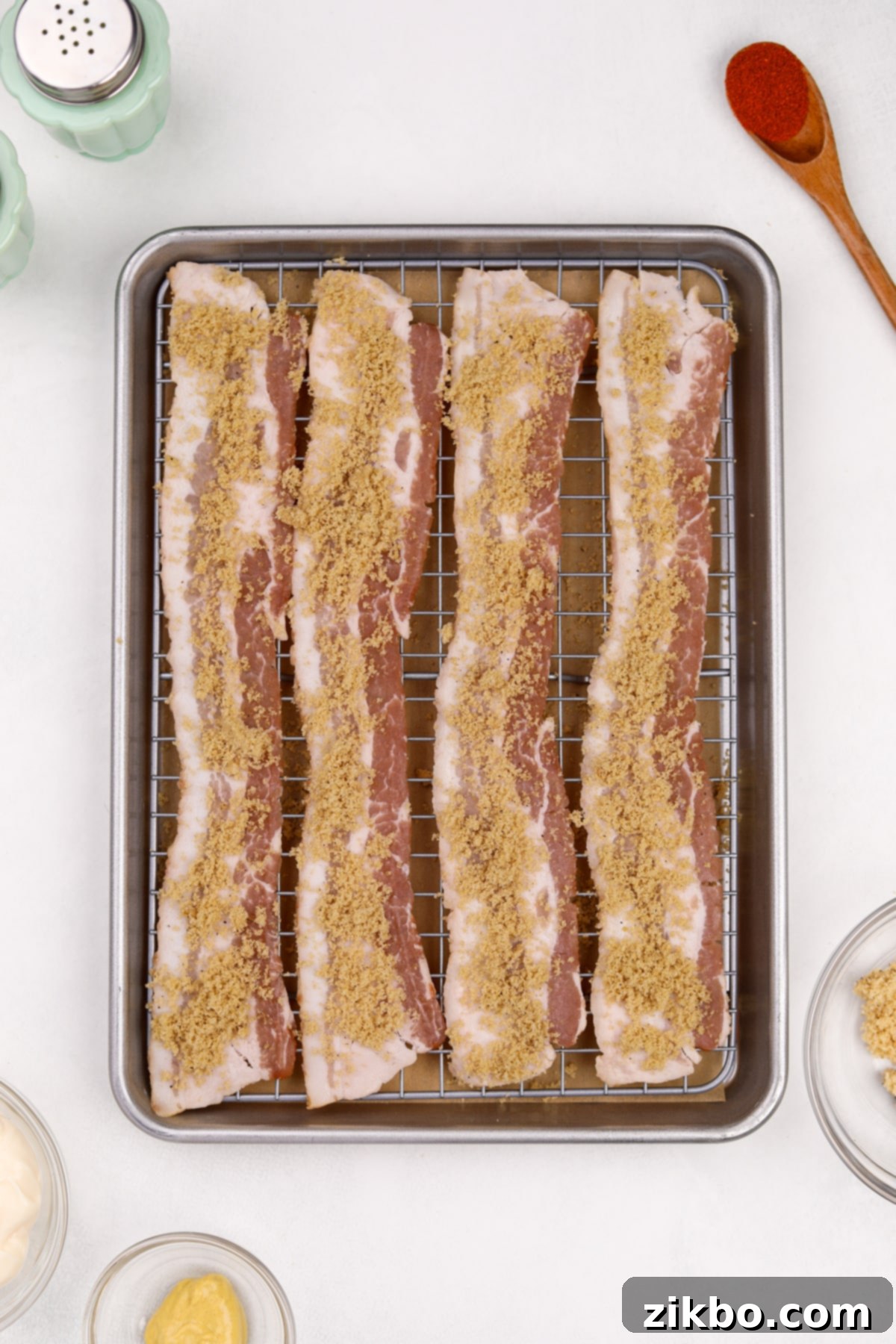 A baking sheet with four strips of bacon laid on a wire rack, generously topped with a brown sugar mixture.