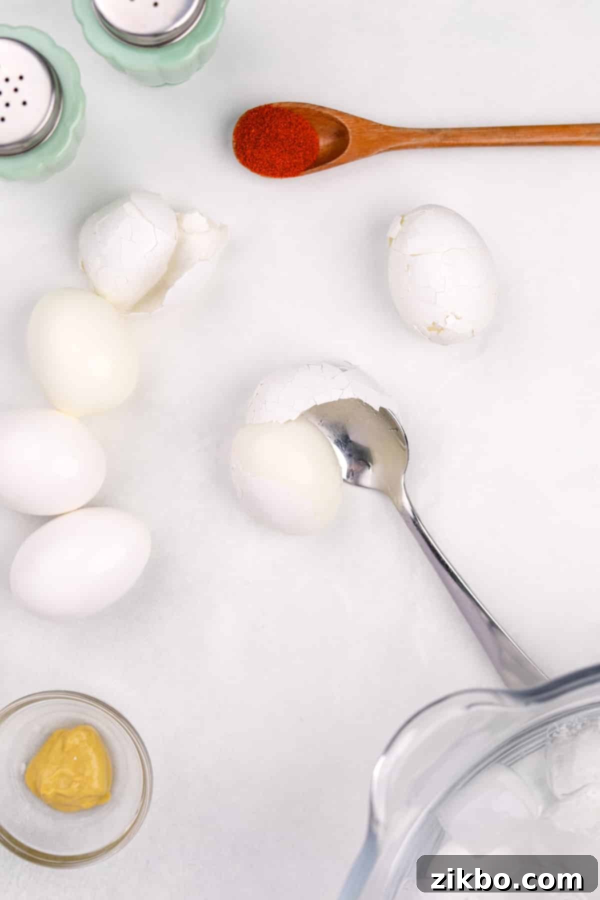 The process of peeling a hard-boiled egg using the back of a spoon to gently lift the shell.