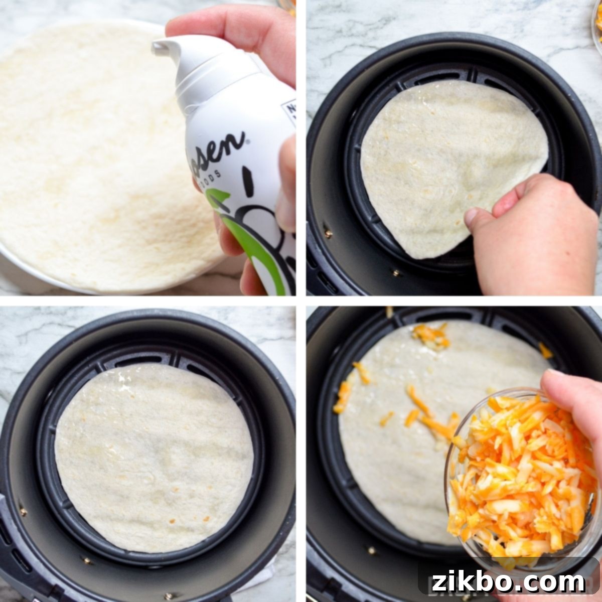 Preparing a quesadilla: placing cheese and fillings on an oiled tortilla in an air fryer.