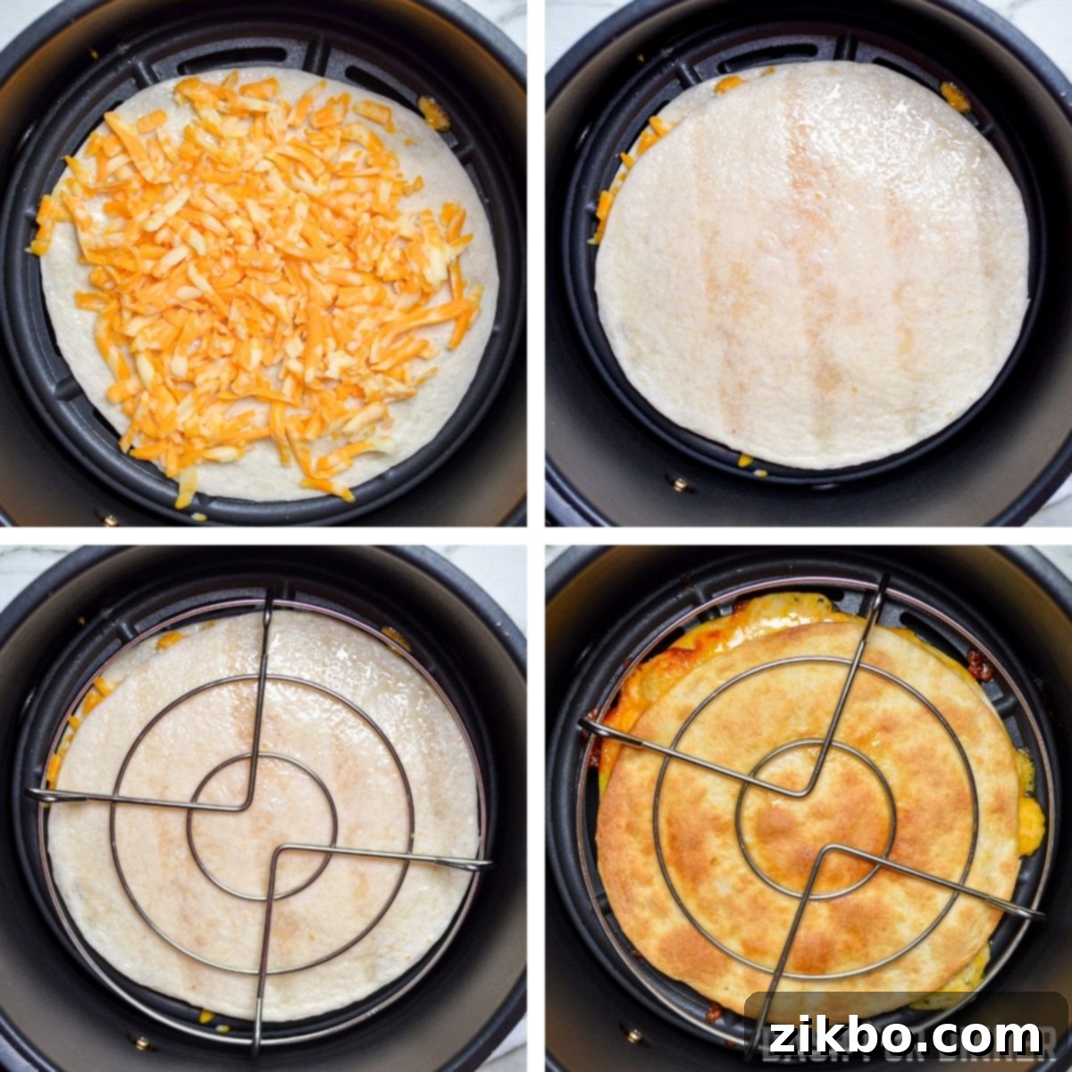 Adding the top tortilla and a trivet to hold down the quesadilla in the air fryer.
