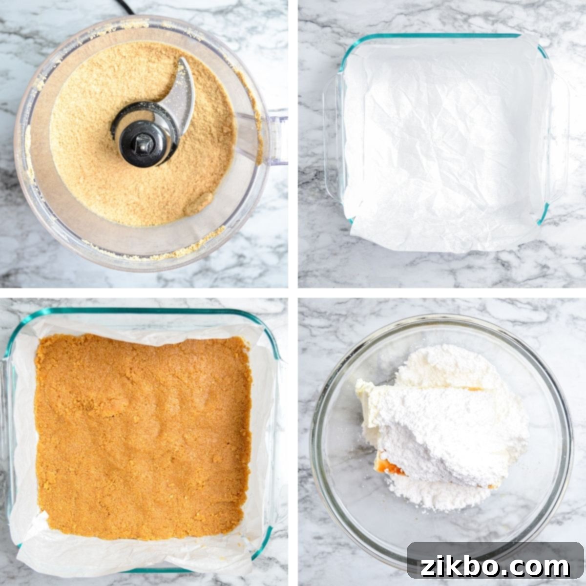 Step-by-step images showing how to make a graham cracker crust: crushing crackers, mixing with butter, and pressing into a pan.