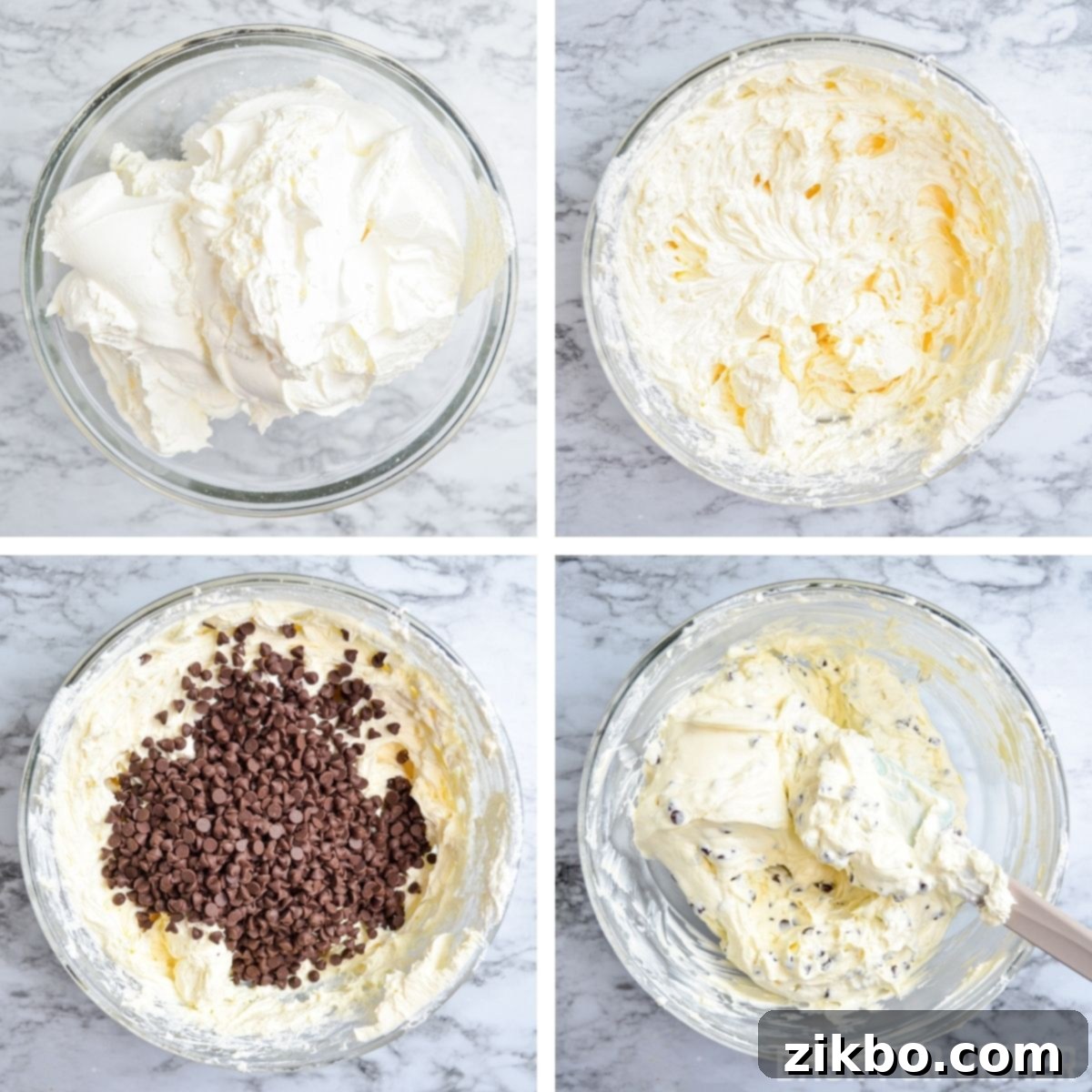 Stages of making no bake cheesecake filling: mixing cream cheese, sugar, and vanilla, then folding in whipped topping and chocolate chips.