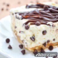 Mini chocolate chips scattered around a no bake chocolate chip cheesecake.