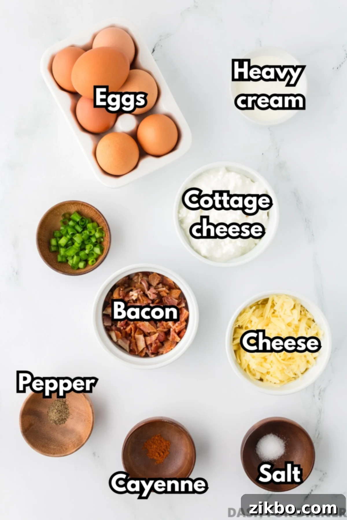 Copycat Starbucks Bacon and Gruyere Egg Bites 3 The ingredients needed to make cottage cheese egg bites: eggs, cottage cheese, cheese, bacon, seasonings, and heavy cream.