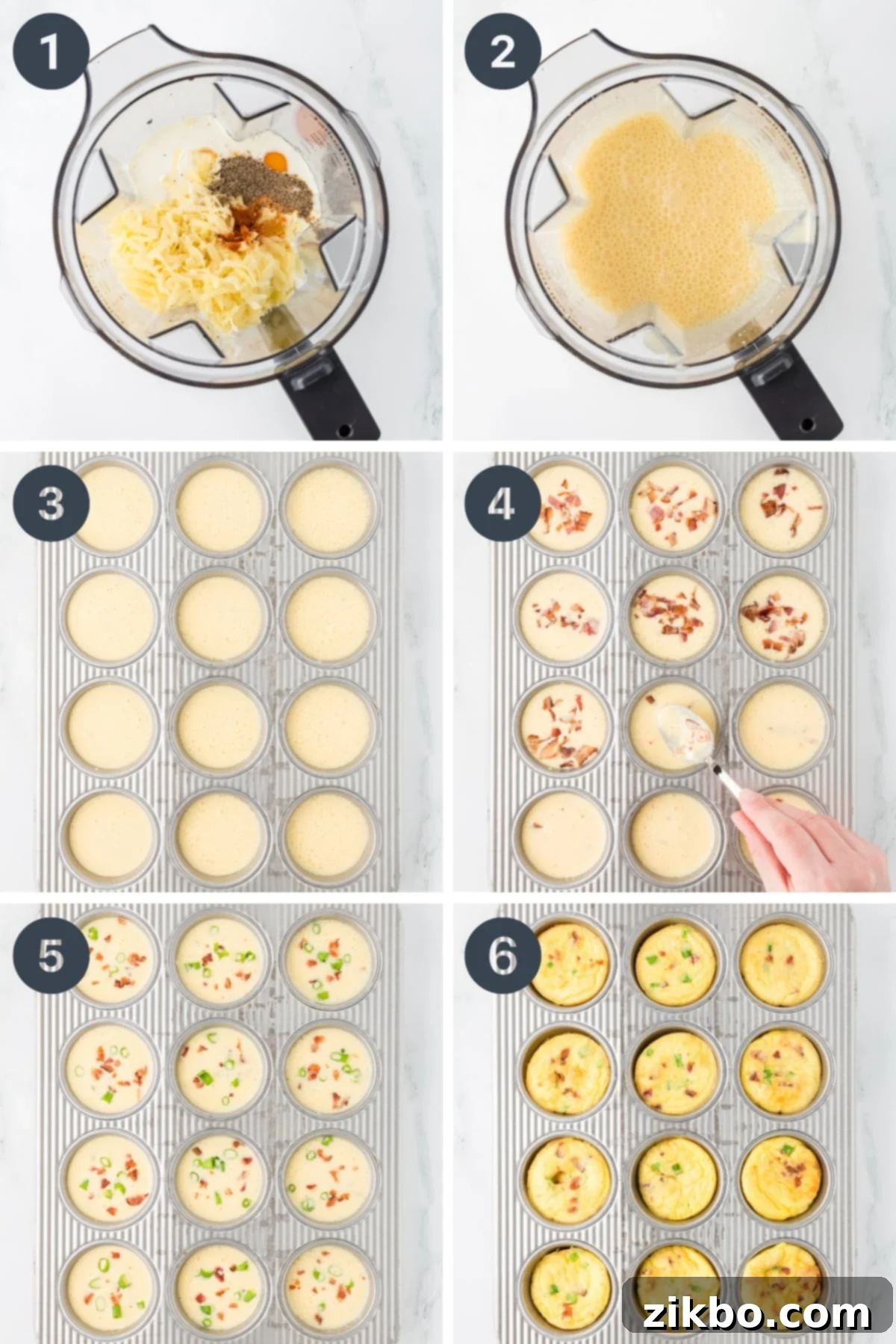 Copycat Starbucks Bacon and Gruyere Egg Bites 4 Blending together eggs, cottage cheese, and cheese, then pouring them into muffin cups with bacon to bake until cooked through.
