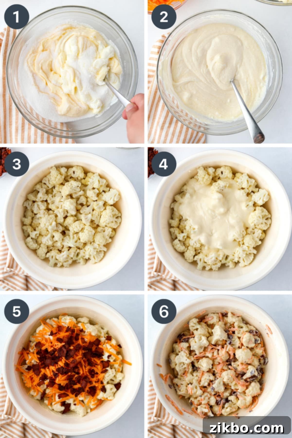 A sequence of images showing the process: stirring creamy dressing, adding it to cauliflower florets, and finally stirring in bacon and cheese.
