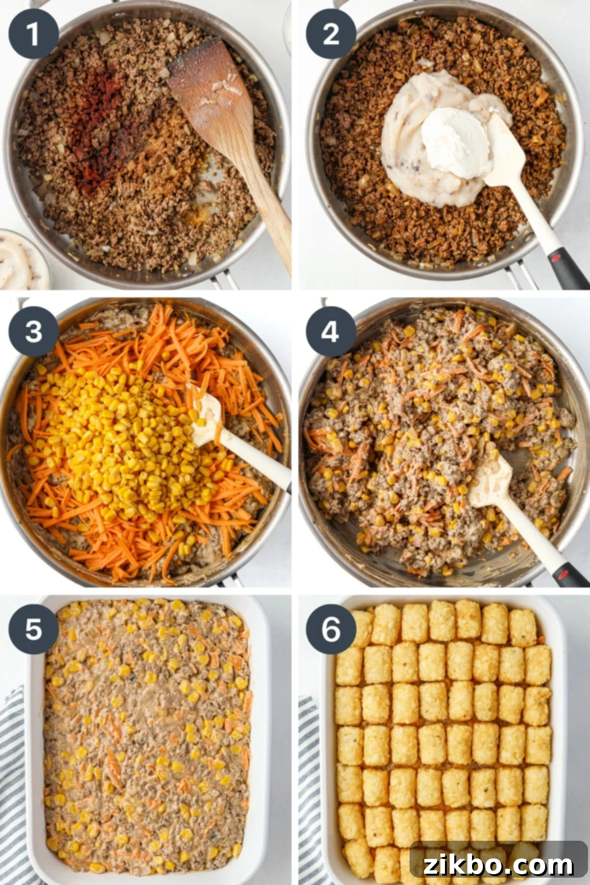 Step-by-step images: Browning ground beef in a skillet, then adding sour cream and condensed soup, and finally arranging Tater Tots on top.